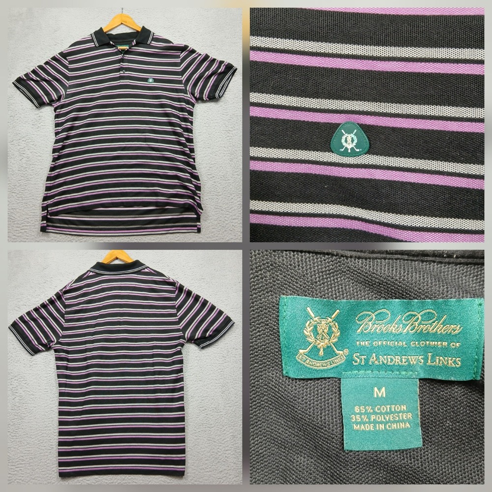 Brooks Brothers St Andrews Links Polo Men's M Black Purple‎ Stripe Golf Shirt